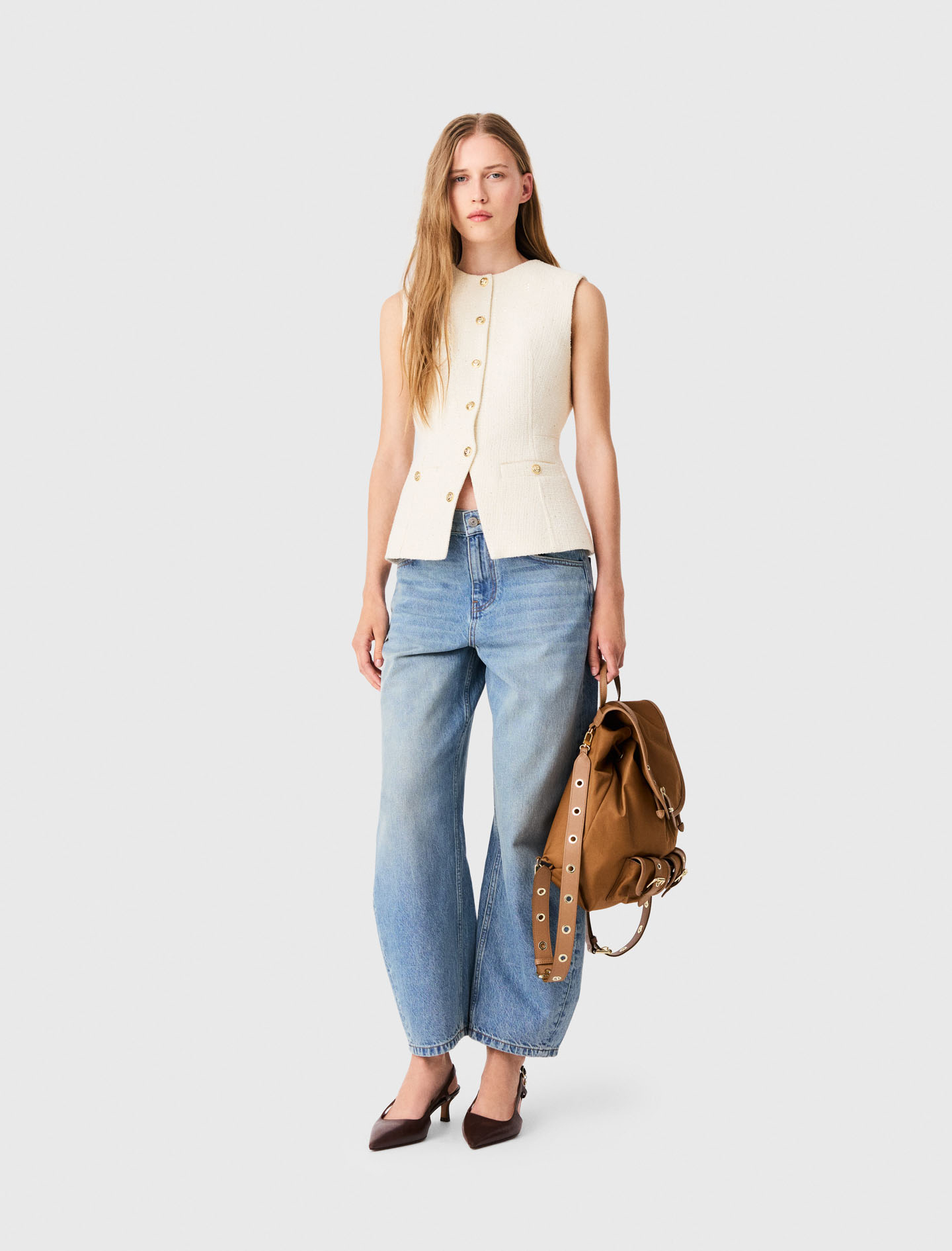 Veston Long En Tweed - Blanc - Taille 38 - Maje