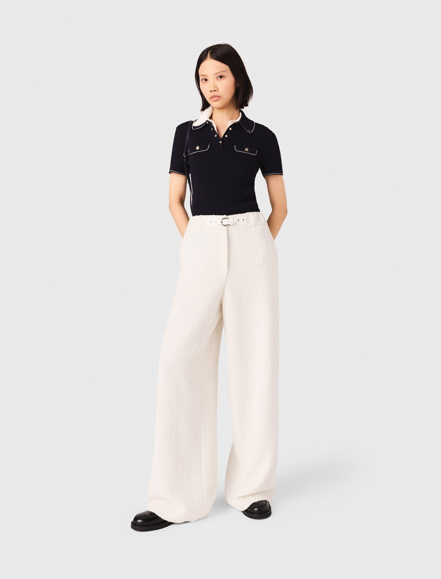 Pantalon Large En Tweed - Blanc - Taille 40 - Maje