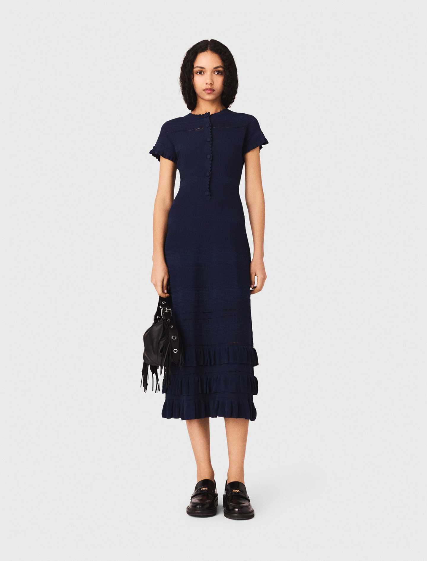 Robe Longue En Maille Avec Volants - Bleu Marine - Taille 42 - Maje