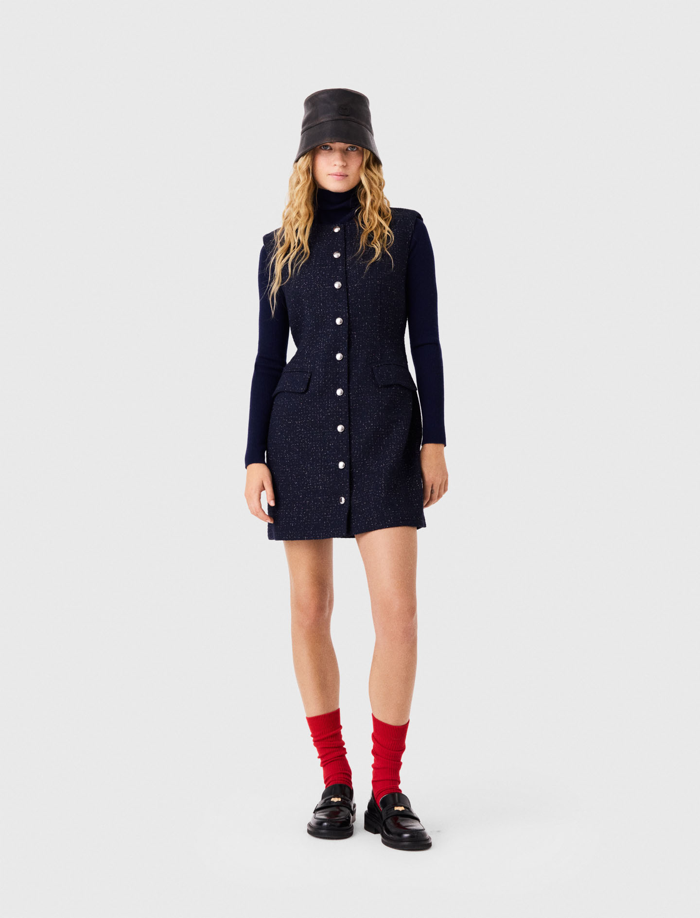 Robe Courte En Tweed Avec Fil Lurex - Bleu Marine - Taille 40 - Maje