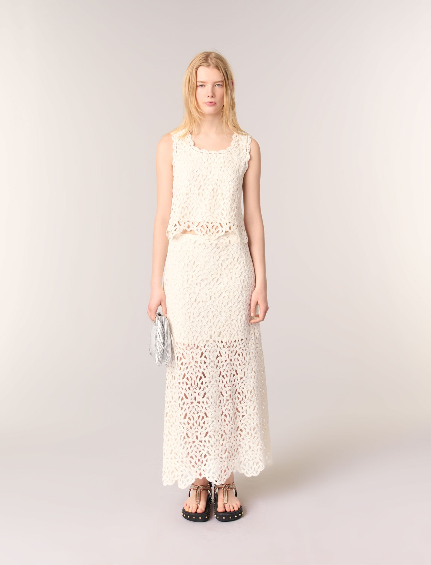 Jupe Longue En Crochet - Blanc - Maje - Modalova