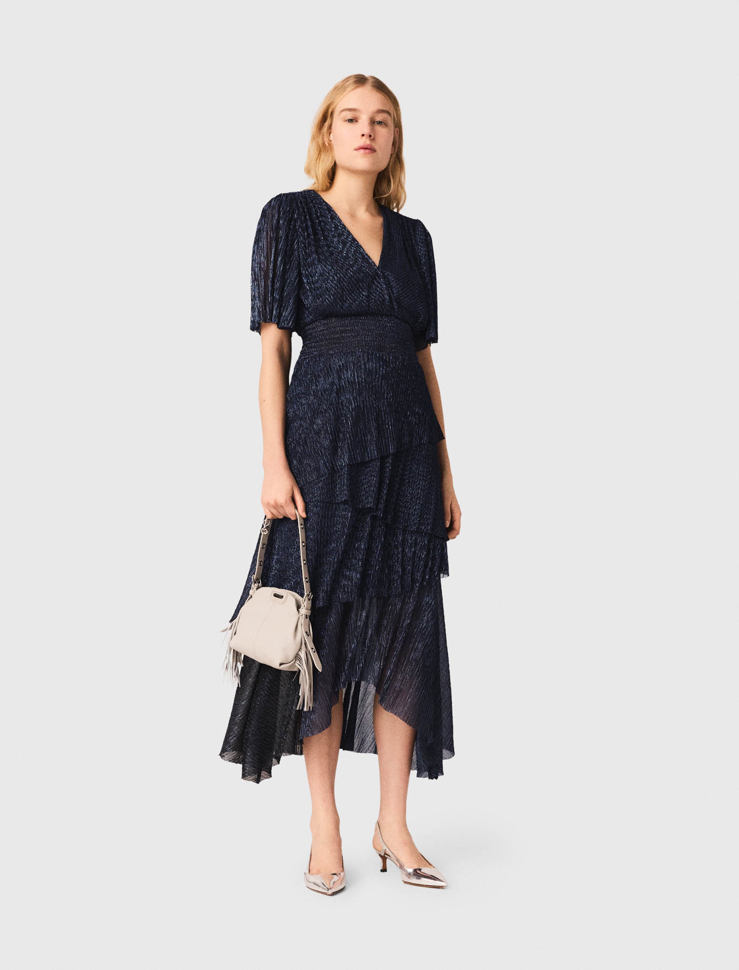 Robe Mi-longue À Volants Métalisée - Bleu Marine - Taille 36 - Maje